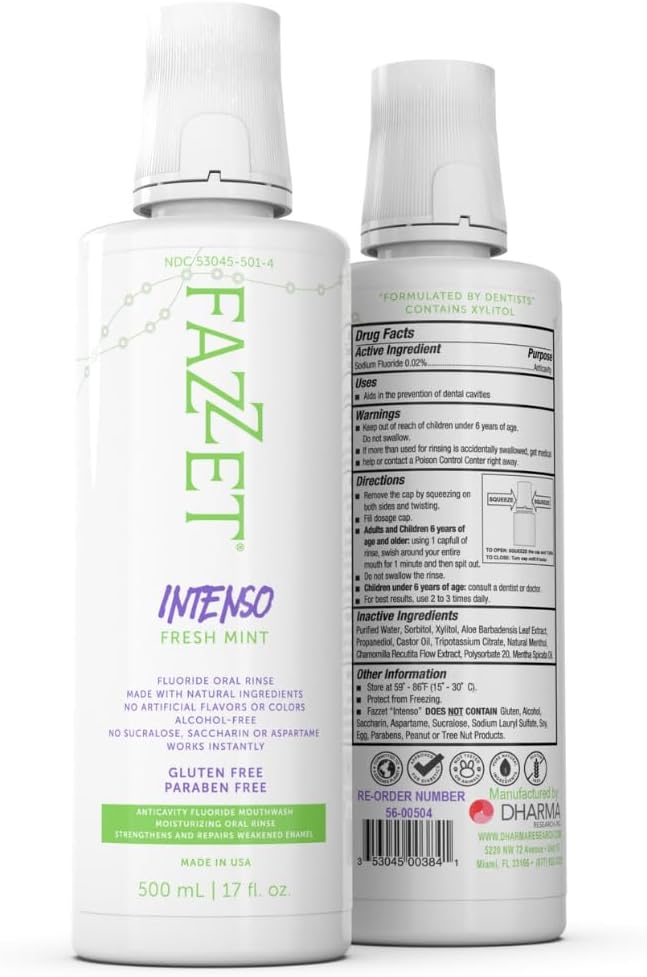 Fazzet Intenso Anti-Cavity Oral Rinse Mouthwash / 17 fl oz (500 ml) bottle / Alcohol Free / Gluten Free / Paraben Free / Fresh Mint Flavor / MADE IN USA