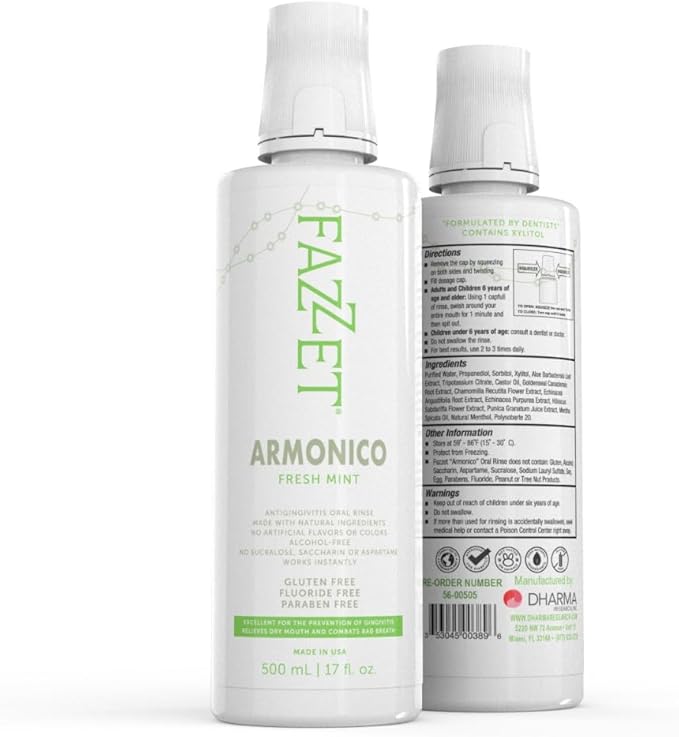 Fazzet Armonico Anti-Gingivitis Oral Rinse Mouthwash / 17 fl oz (500 ml) bottle / Alcohol Free / Gluten Free / Paraben Free / Fresh Mint Flavor / MADE IN USA