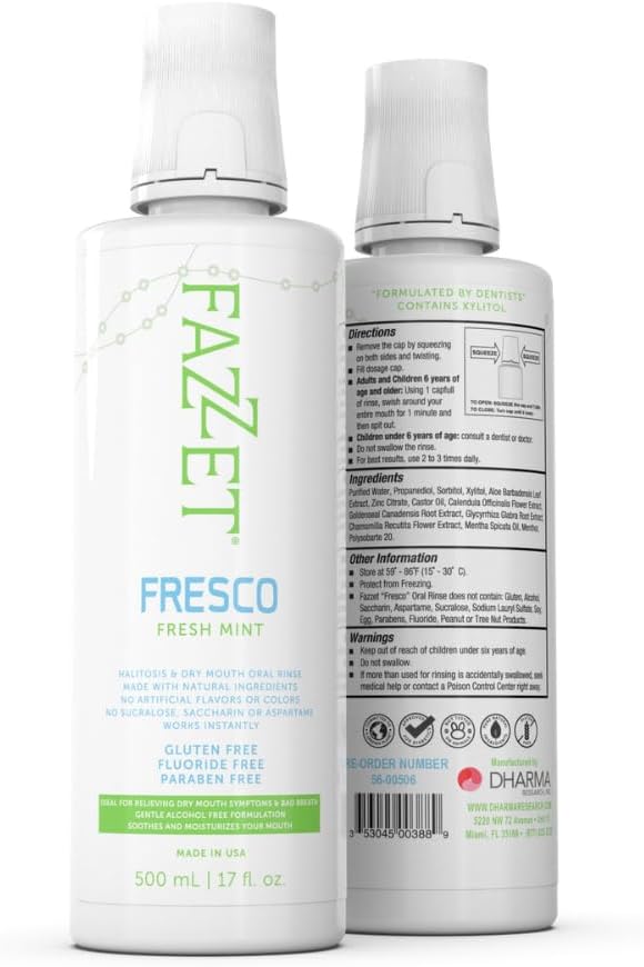 Fazzet Fresco Halitosis Dry Mouth Oral Rinse Mouthwash / 17 fl oz (500 ml) bottle / Alcohol Free / Gluten Free / Paraben Free / Fresh Mint Flavor / MADE IN USA