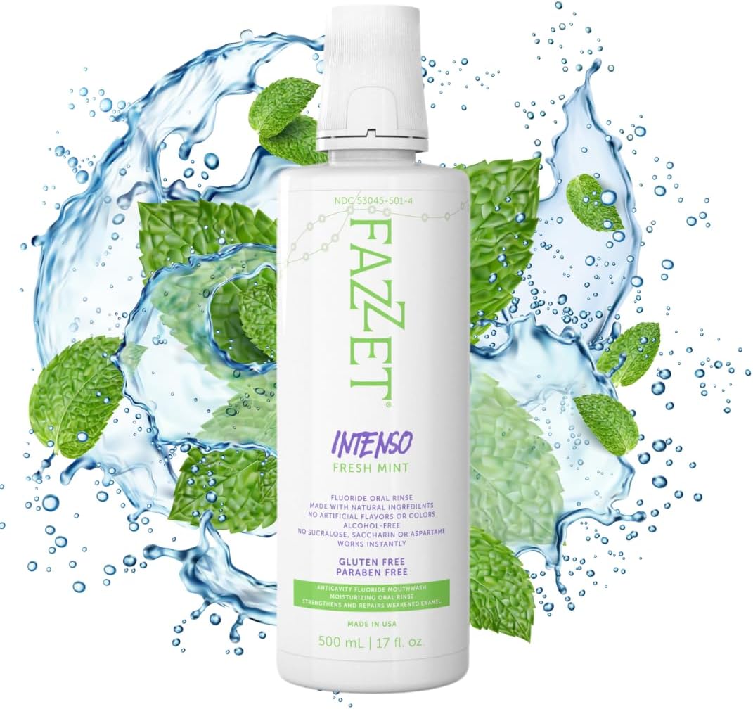 Fazzet Intenso Anti-Cavity Oral Rinse Mouthwash / 17 fl oz (500 ml) bottle / Alcohol Free / Gluten Free / Paraben Free / Fresh Mint Flavor / MADE IN USA