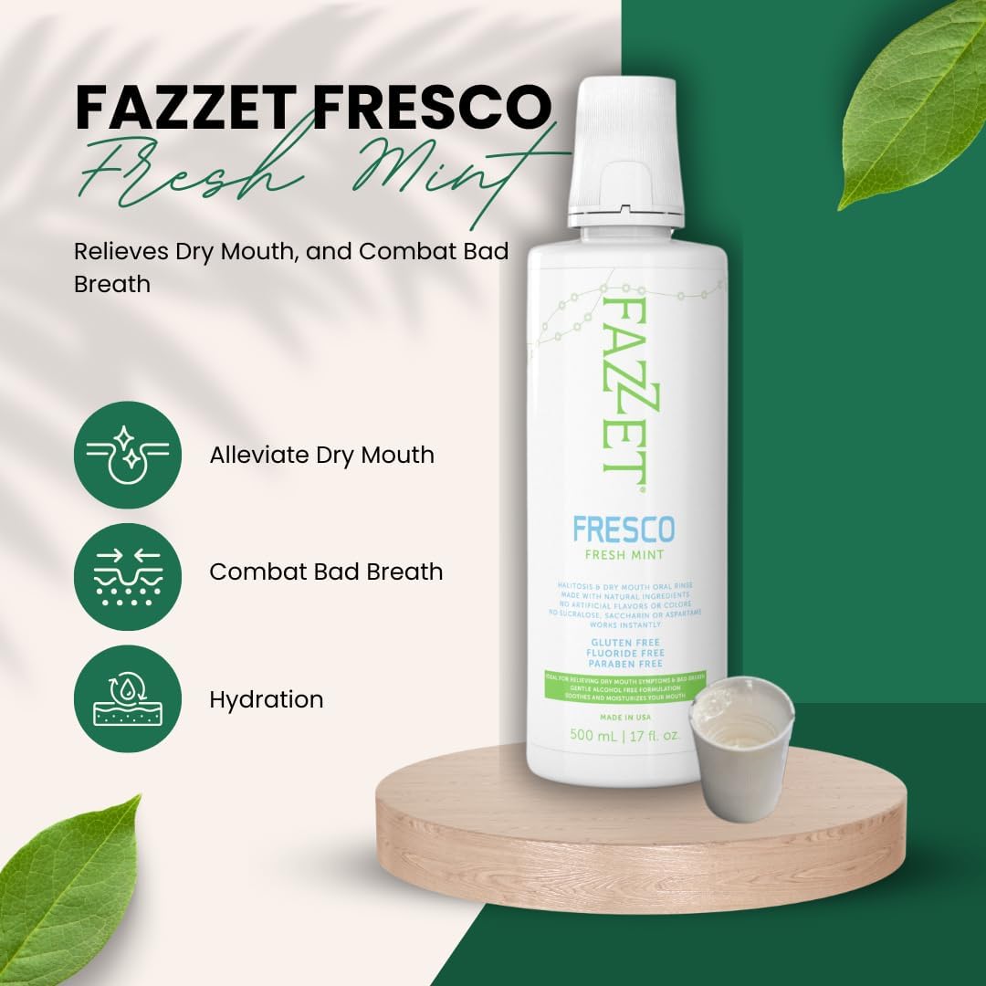 Fazzet Fresco Halitosis Dry Mouth Oral Rinse Mouthwash / 17 fl oz (500 ml) bottle / Alcohol Free / Gluten Free / Paraben Free / Fresh Mint Flavor / MADE IN USA