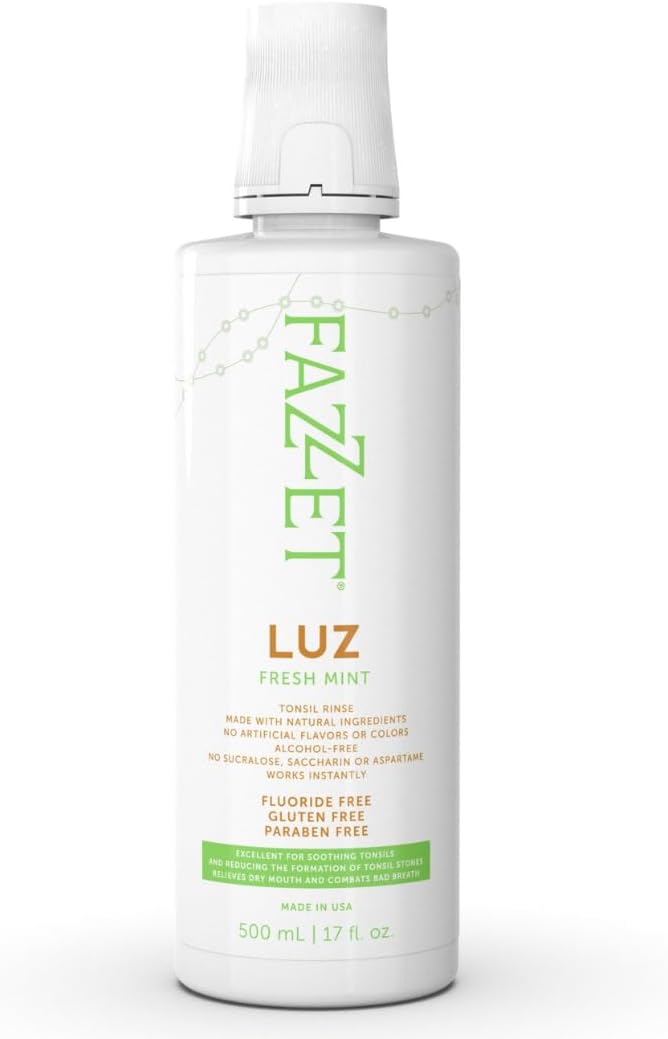 Fazzet Luz Tonsil Stone Prevention Oral Rinse Mouthwash / 17 fl oz (500 ml) bottle / Alcohol Free / Gluten Free / Paraben Free /  Fresh Mint Flavor / MADE IN USA