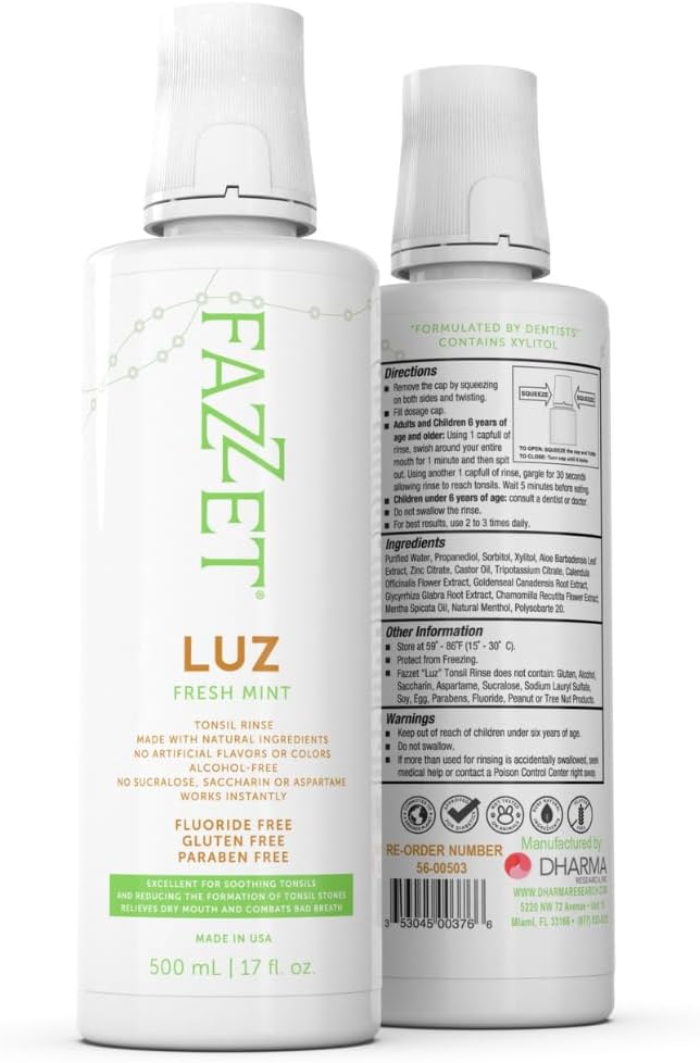 Fazzet Luz Tonsil Stone Prevention Oral Rinse Mouthwash / 17 fl oz (500 ml) bottle / Alcohol Free / Gluten Free / Paraben Free /  Fresh Mint Flavor / MADE IN USA