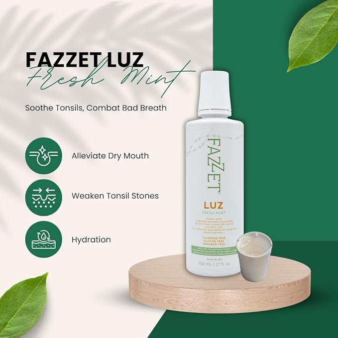 Fazzet Luz Tonsil Stone Prevention Oral Rinse Mouthwash / 17 fl oz (500 ml) bottle / Alcohol Free / Gluten Free / Paraben Free /  Fresh Mint Flavor / MADE IN USA