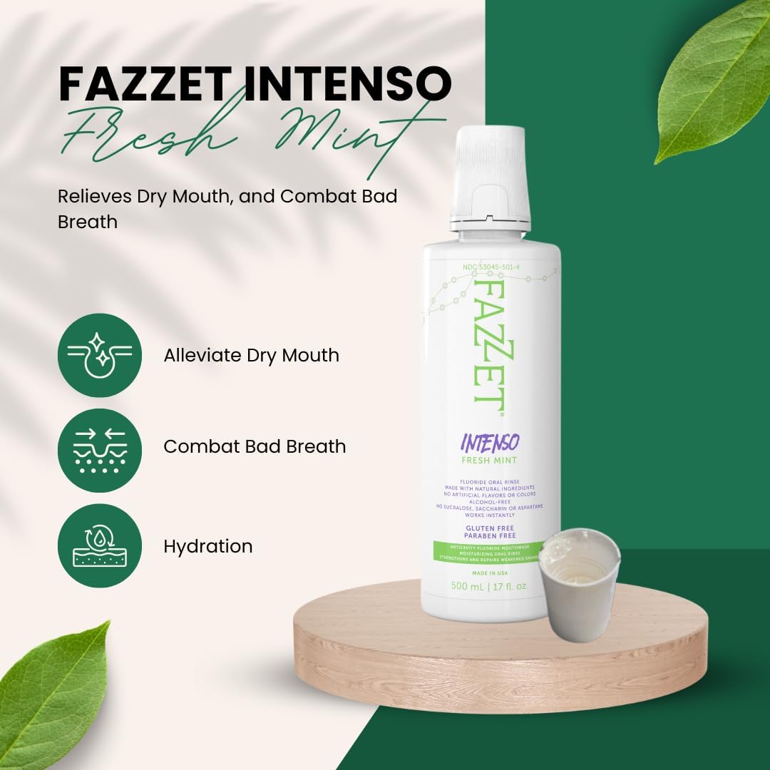 Fazzet Intenso Anti-Cavity Oral Rinse Mouthwash / 17 fl oz (500 ml) bottle / Alcohol Free / Gluten Free / Paraben Free /  Fresh Mint Flavor / MADE IN USA