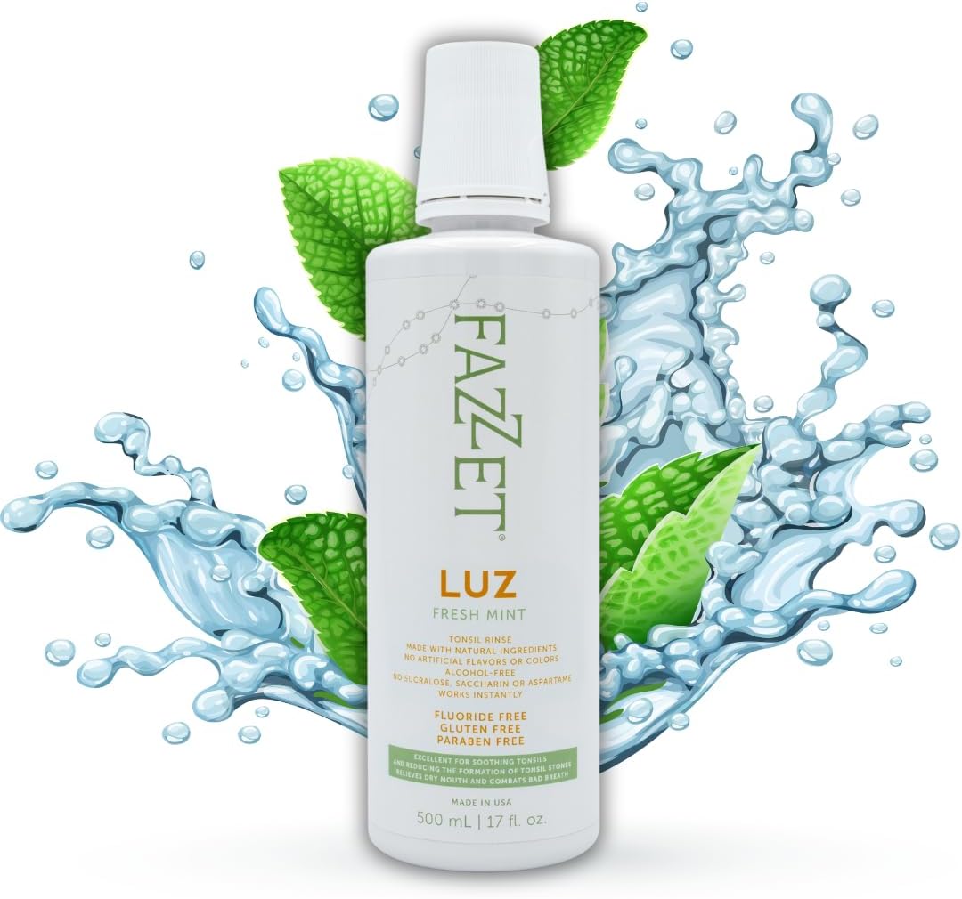 Fazzet Luz Tonsil Stone Prevention Oral Rinse Mouthwash / 17 fl oz (500 ml) bottle / Alcohol Free / Gluten Free / Paraben Free /  Fresh Mint Flavor / MADE IN USA