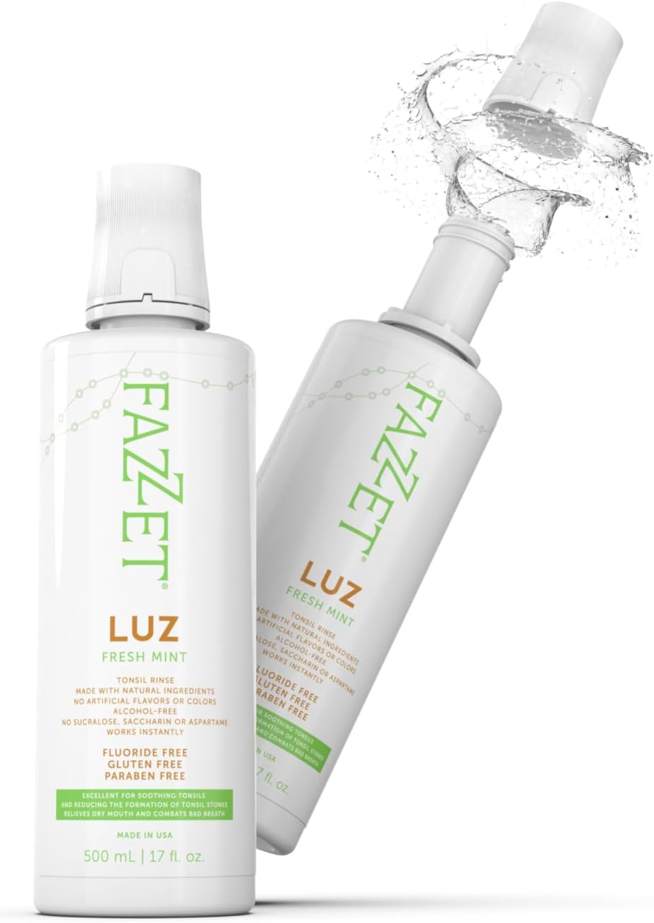 Fazzet Luz Tonsil Stone Prevention Oral Rinse Mouthwash / 17 fl oz (500 ml) bottle / Alcohol Free / Gluten Free / Paraben Free /  Fresh Mint Flavor / MADE IN USA