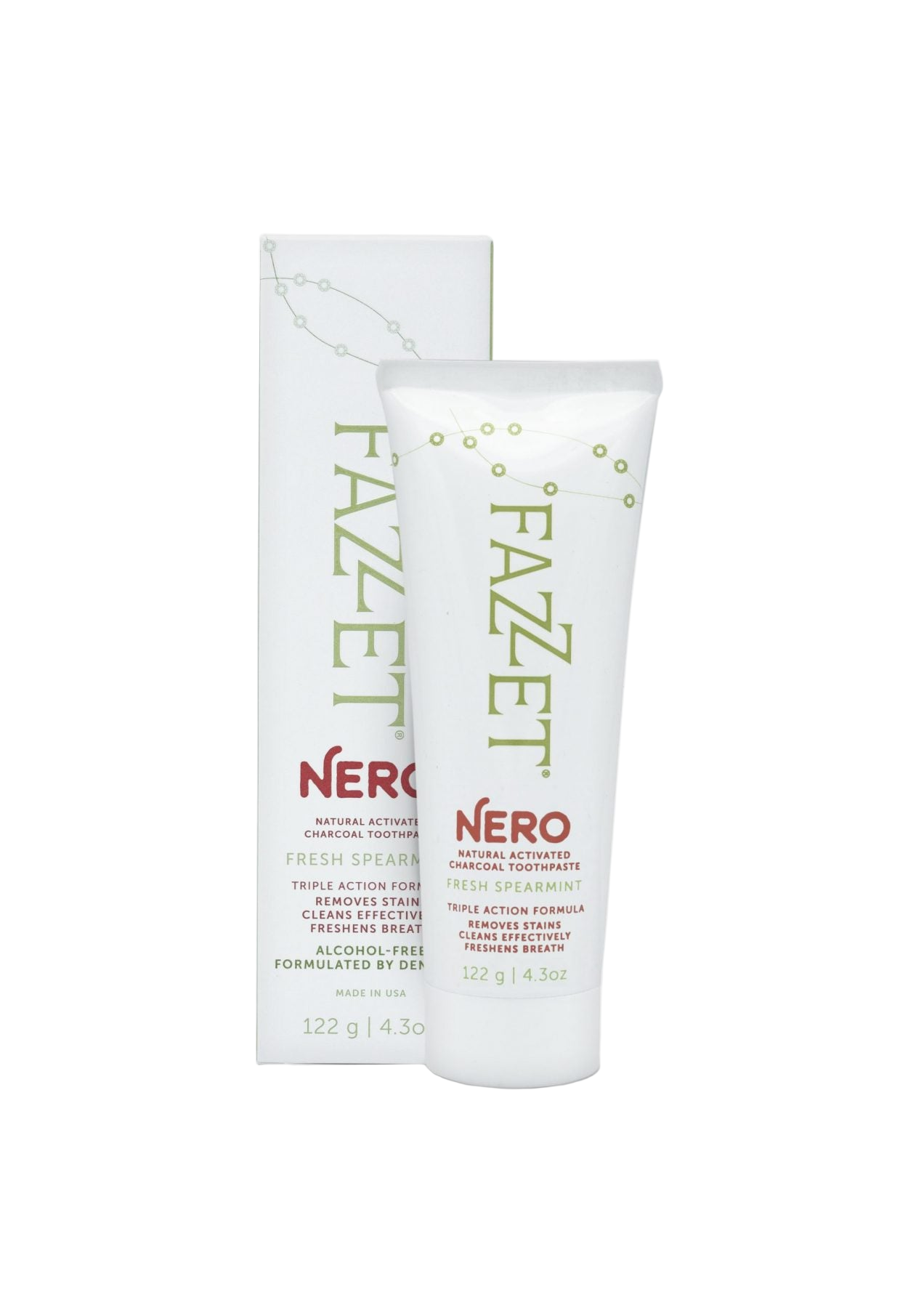 Fazzet Nero Charcoal & Stain Removing Triple Action Toothpaste / 4.3 oz (122 gram) tube / Spearmint Flavor / SLS Free / Gluten Free / MADE IN USA